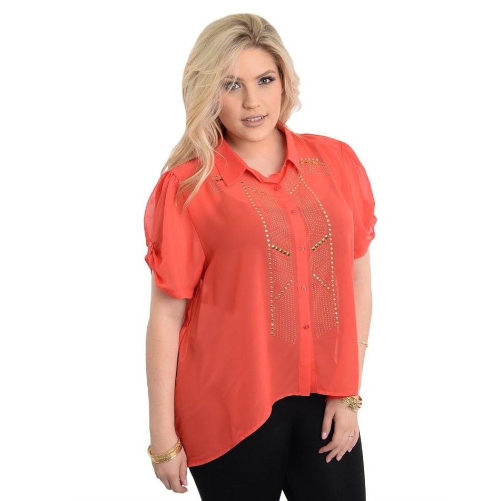 Lamjya Ladies Sheer Button Shirt Embellished Hi-Lo Hem Coral Plus Size 2X  NWT